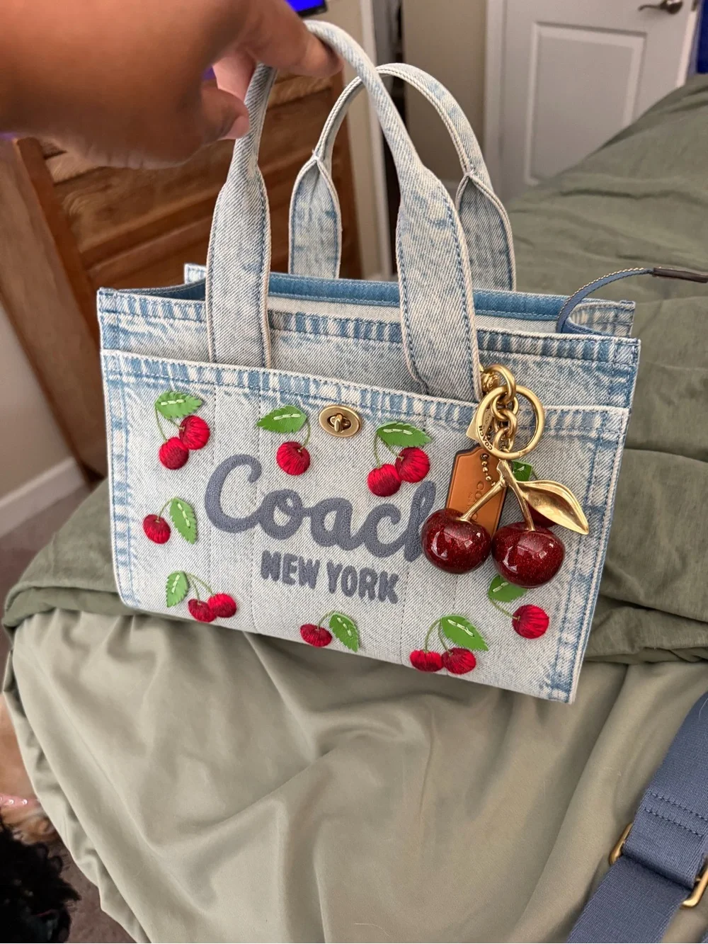 Coach Denim Cargo Bag 26 with Cherry Embroidery